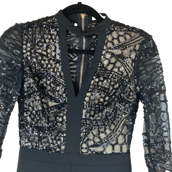 Agaci Romper Womens Med-Lg Black Sequin Net Top Long Sleeve Back Zipper - Picture 3 of 9